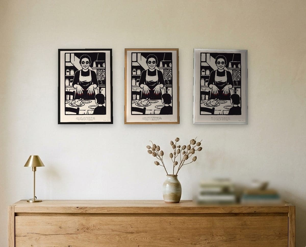 Framed in slim pine, black, natural oak or white. No mount, ready to hang.