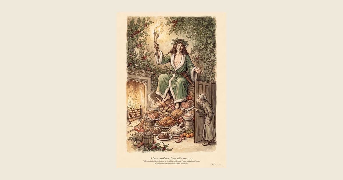 A Christmas Carol art print in Edwardian ink and watercolour style: the Ghost of Christmas Present in a green fur-trimmed robe and holly crown sits on a heap of Christmas food as Scrooge peers round the door. Shown framed in black, white or natural oak and unframed, with the style reference and behind-the-scenes shots.