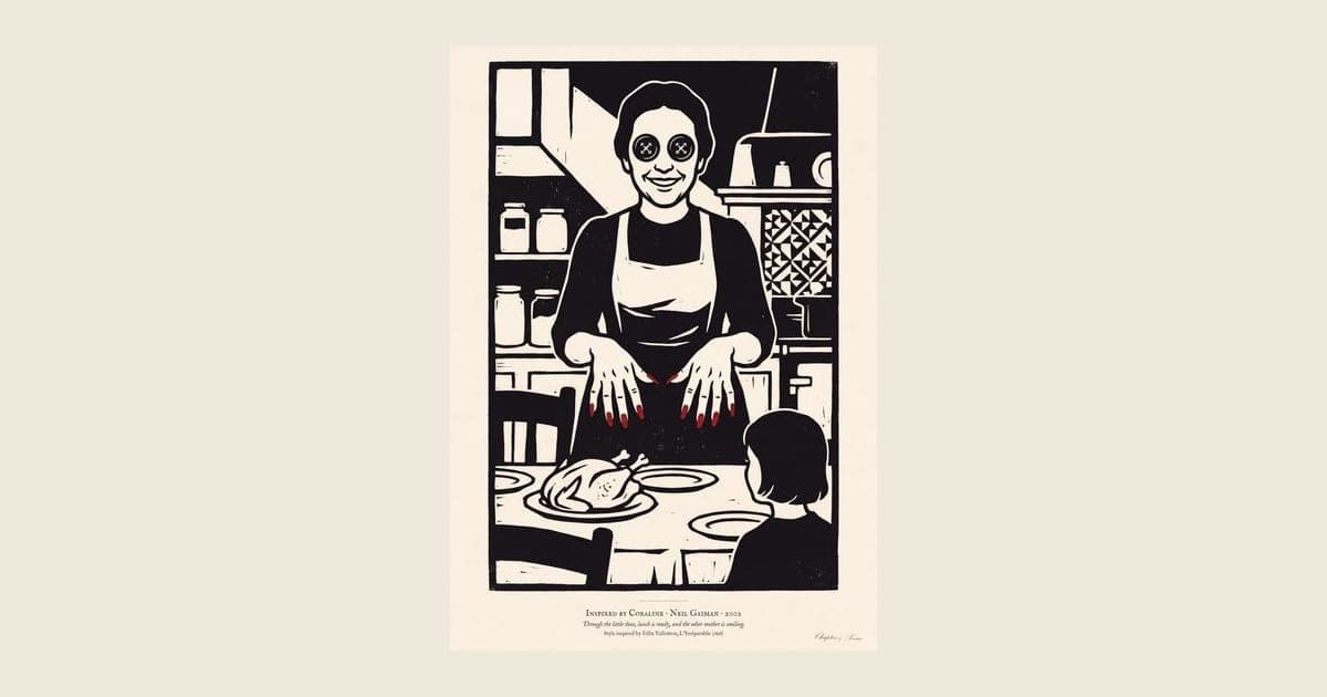 Coraline inspired art print in black woodcut style: the Other Mother with black button eyes and red fingernails smiles over a roast chicken as Coraline, seen from behind, sits at the table. Shown framed in black, white or natural oak and unframed, with the style reference and behind-the-scenes shots.
