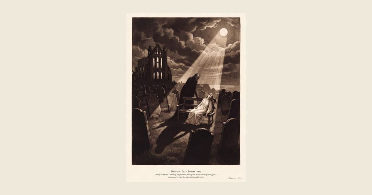 Dracula art print in Victorian mezzotint style: Whitby churchyard by moonlight, a long dark figure bending over Lucy asleep on a seat, with the ruins of Whitby Abbey behind. Shown framed in black, white or natural oak and unframed, with the style reference and behind-the-scenes shots.