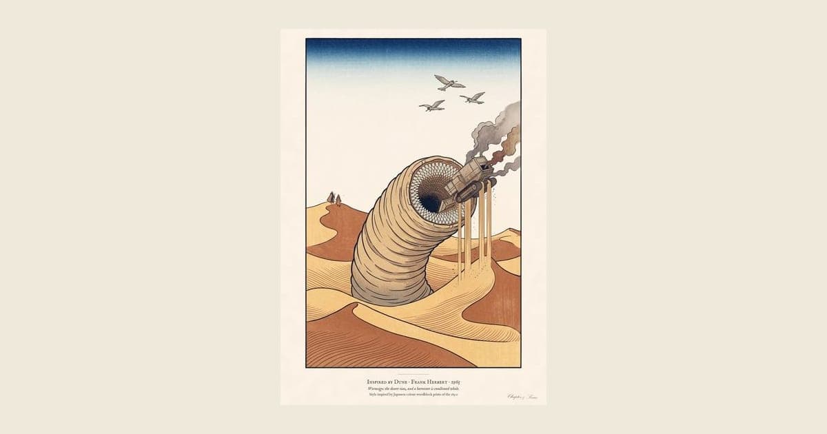 Dune inspired art print in Japanese woodblock style: a giant sandworm rising from the dunes to swallow a spice harvester, with flying machines circling and two tiny cloaked figures watching from a dune.