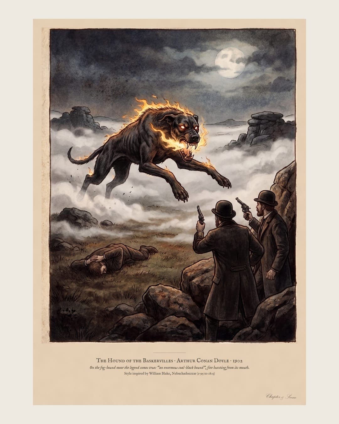 Hound of the Baskervilles art print in a 1790s colour print style: a huge black hound bursts out of the fog on Dartmoor under a full moon as two men with revolvers rise from the rocks. Shown framed in black, white or natural oak and unframed, with the style reference and behind-the-scenes shots.
