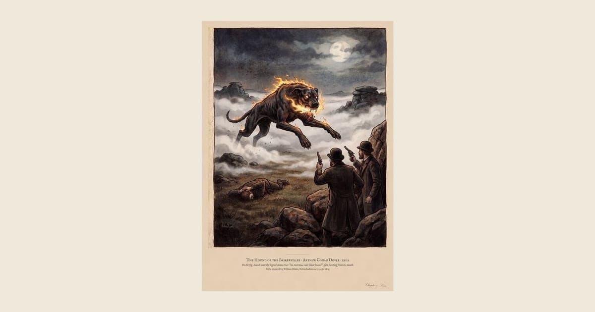 Hound of the Baskervilles art print in a 1790s colour print style: a huge black hound bursts out of the fog on Dartmoor under a full moon as two men with revolvers rise from the rocks. Shown framed in black, white or natural oak and unframed, with the style reference and behind-the-scenes shots.