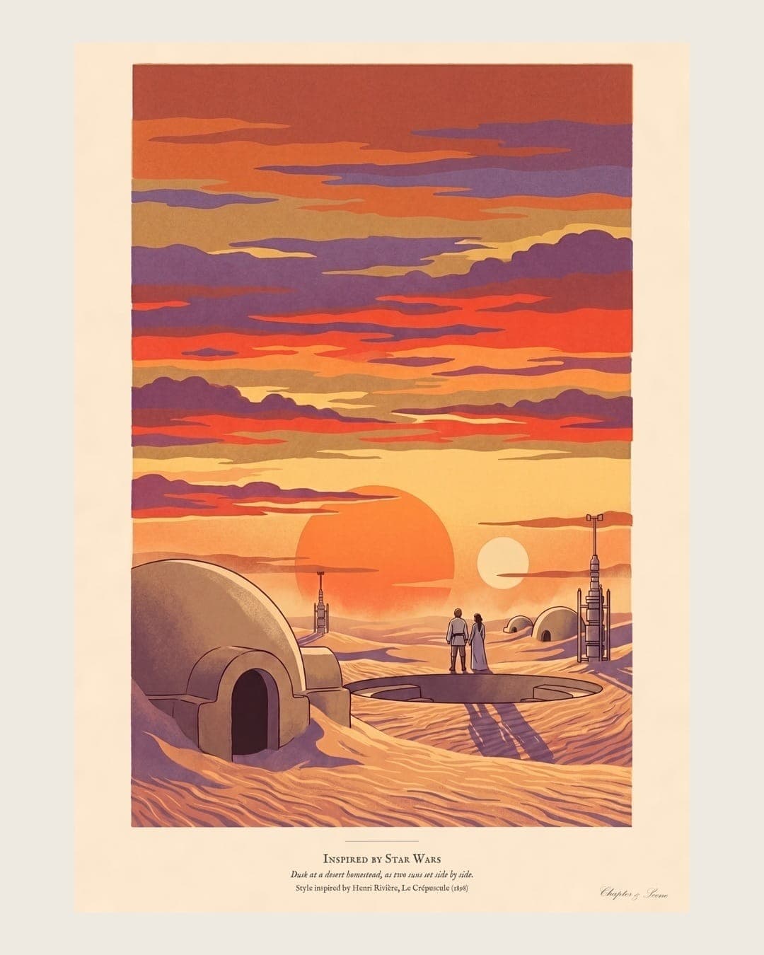 Twin suns sci fi art print in French colour lithograph style: two figures watch twin suns set over a desert homestead of domes and water towers at dusk. Shown framed in black, white or natural oak and unframed, with the style reference and behind-the-scenes shots.